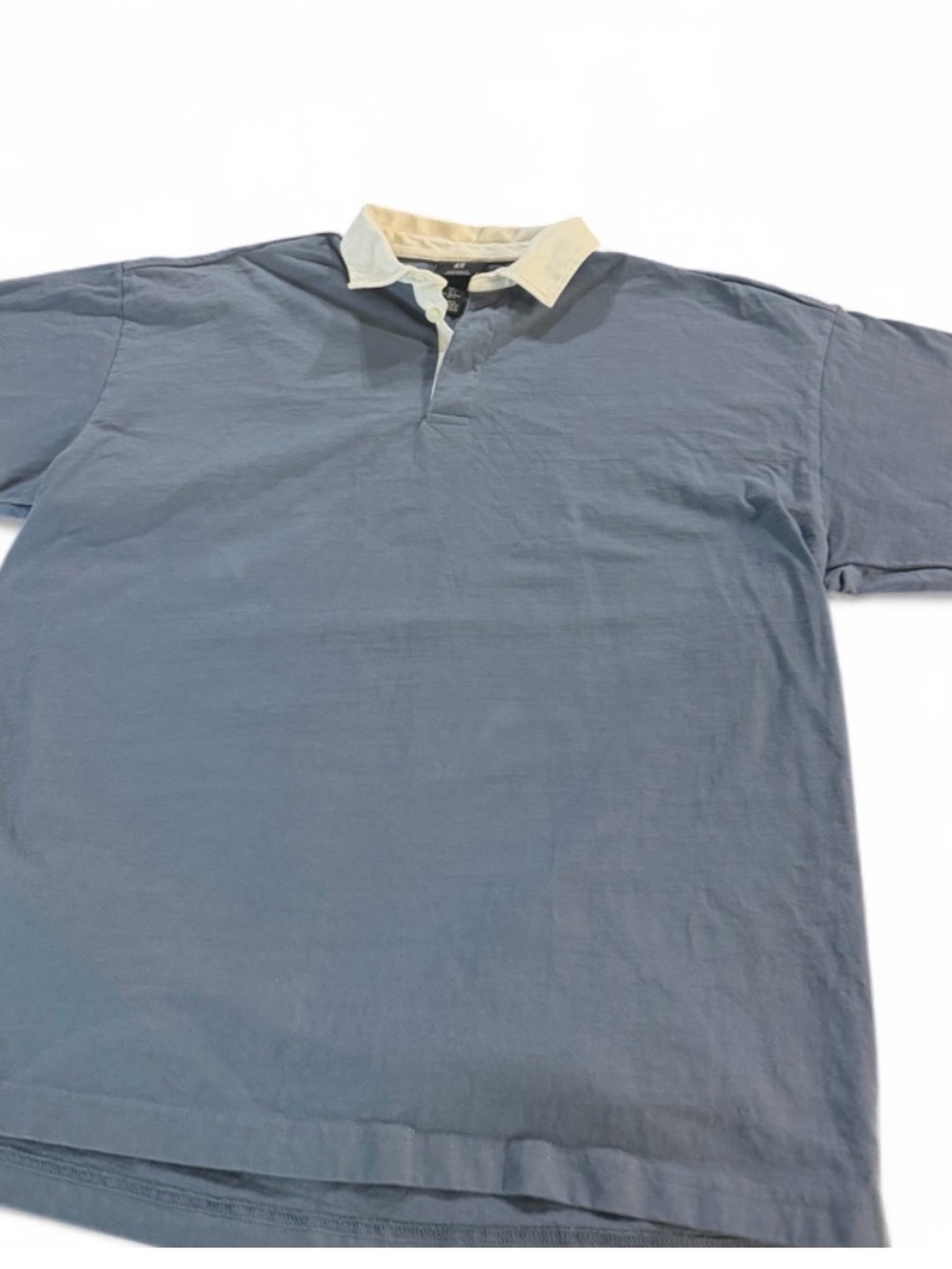 Classic Blue Rugby Polo Shirt with Contrast Cream Collar